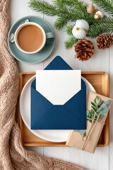 Blue envelope with Christmas cards and gifts, festive pine branches, and holiday decor in flat lay arrangement