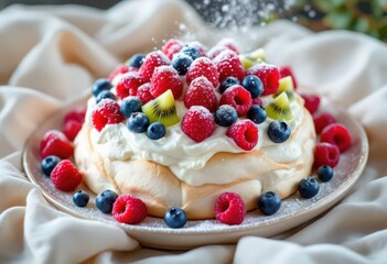 Elegant Pavlova Meringue Cake with fresh raspberries and blueberries, topped with whipped cream, dusted with white sugar [with copy space]
