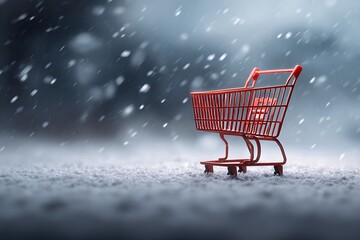 Red shopping cart standing in winter snow