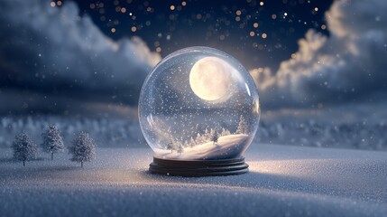 dreamy winter snow globe with glowing moonlit night and gentle snowfall