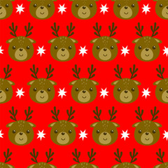 Christmas vector seaamless pattern with cute reindeer faces on red backgroun. 