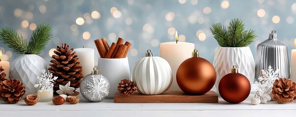 Christmas holiday decorations with pine cones, glass balls, and snowflakes on a white mantel