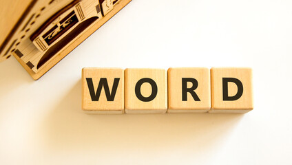 Word symbol. Concept word Word on beautiful wooden blocks. Beautiful wooden house. Beautiful white...