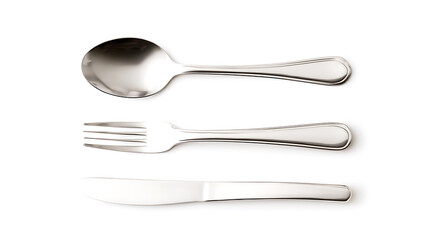 Elegant flatware set: A polished spoon, sleek fork, and sharp knife aligned on a clean white backdrop, perfect for culinary presentations or table setting designs.