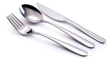 Simple elegance: A trio of polished silverware &ndash; fork, spoon, and knife &ndash; arranged on a pristine white surface, reflecting light with their sleek, metallic shine.