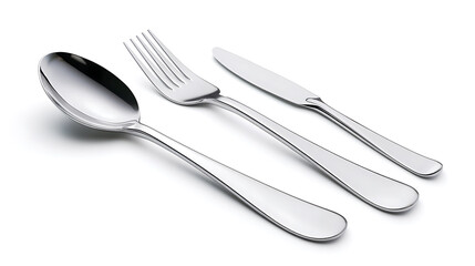 Simple silverware arrangement featuring a spoon, fork, and knife on a white backdrop. The metallic utensils display a clean, modern aesthetic, ready for a culinary setting.