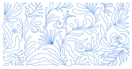 Set of line simple floral design elements in wavy style. Organic shapes, vibrant flowers print for poster, social media or packaging. Botanic vector