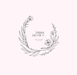 Elegant calligraphic botanical wreath, floral frame and graceful branches. Wedding wildflowers for invitation save the date card. Botanical feminine rustic vector illustration