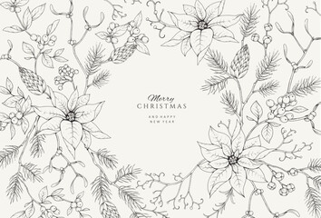 Christmas greeting illustration with winter plants and traditional New year decorations. Holiday card or invitation with hand drawn botanical engraving design