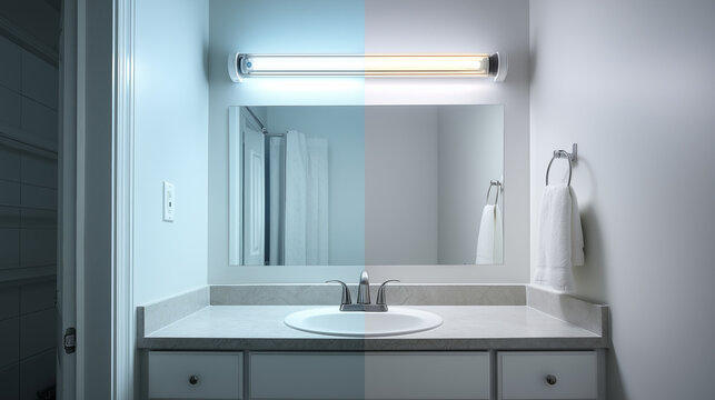 bathroom vanity light, frontal angle, diagonal split; left half old fluorescent tube with flickering bluish light emphasizing discomfort and outdated feel, right half same vanity f