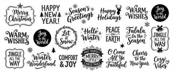 Merry Christmas, Happy New Year, Happy Holidays vector set of hand lettered badges, quotes, emblems. Calligraphy card, gift tag, postcard, poster and T-shirt design Xmas collection. Isolated overlays