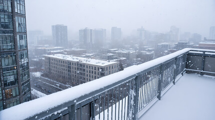 A winter wonderland unfolds with a panoramic view from a snow-covered balcony overlooking a cityscape, where snowfall blankets the buildings and streets in serene white.