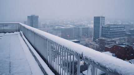 Winter cityscape from a rooftop balcony. Snowfall blankets the buildings and streets below, creating a serene yet chilly urban view.  A winter wonderland up above!