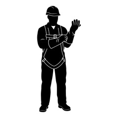 Safety worker putting on protective gloves and harness equipment isolated on white background, Vector