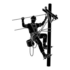 Electrician repairing utility pole with lines and safety equipment isolated on white background, Vector