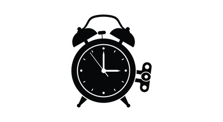A black silhouette of a classic alarm clock showing time