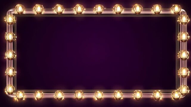 A glowing rectangular frame illuminates a dark purple background. Marquee lights create a vibrant and elegant border.