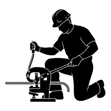 Craftsman in hard hat bending metal rod with a manual bender tool isolated on white background, Vector