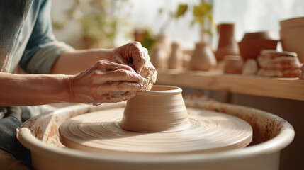 Hands shaping clay on a pottery wheel in a sunlit studio, symbolizing craftsmanship, creativity, traditional art and handmade ceramic production.