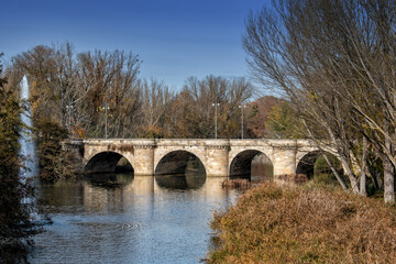 Medieval stone bridge known as the main bridge over the Carri&oacute;n River in the city of Palencia, Spain