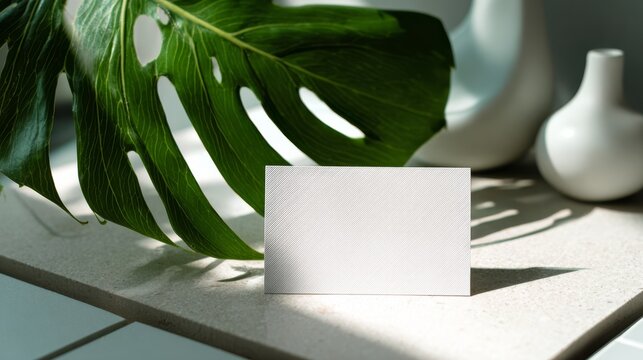 Blank white business card mockup on ceramic tile with geometric shadows