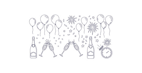 New year celebration doodles with balloons confetti clock and champagne