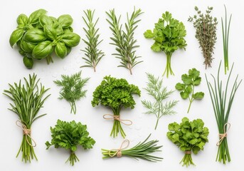 Assortment of fresh green herbs arranged neatly for culinary use and cooking