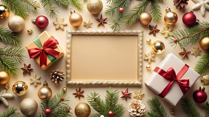 christmas greeting card with christmas tree christmas, frame, branch, ball, vector, design, ornament, season, green, card, wreath, xmas, tree, decoration, holiday, pine, fir, border, year, illustratio