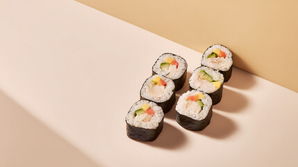 A delightful lineup of sushi rolls, filled with savory chicken, creamy avocado, and sweet mango. Perfect for a light meal or sharing with friends and family.
