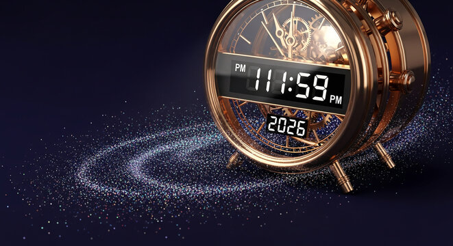 Image of brass clock showing 11:59 PM, and 2026. Symbolizes time passing, approaching new year, future. Glitter background, celebration.