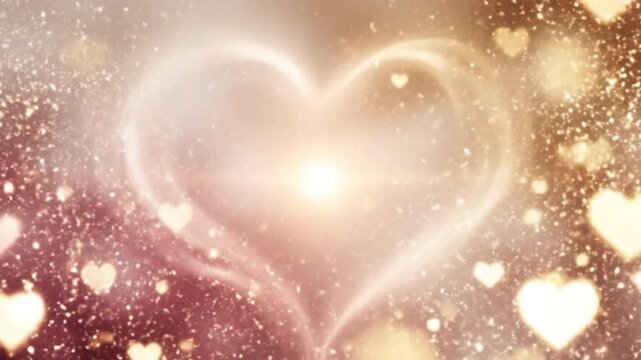 Sparkling heart shapes illuminated by soft golden light create a dreamy romantic atmosphere