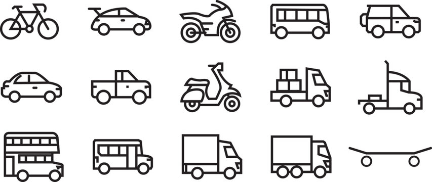 Transport vehicles icon line art set. linear vector design of car, bike, cycle, bus, truck and more 