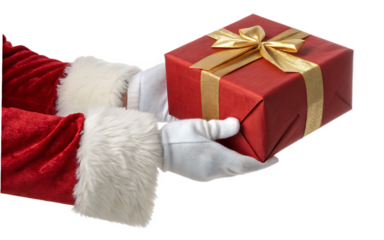 Santa claus hands holding red christmas gift box with golden ribbon transparent