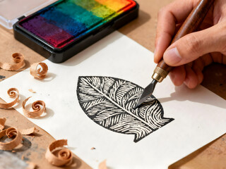 Artist carving intricate leaf design with cutting tool on paper, creative workspace 

