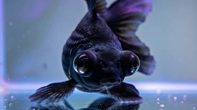 Black telescope goldfish with mysterious mood swimming calmly in aquarium against blue water background