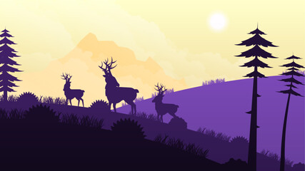 Abstract Dark Sky Background Vector Silhouette With Trees Deer Water Design Style