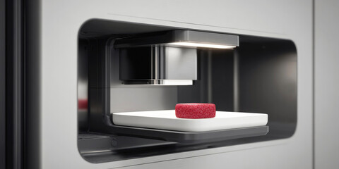 3D printer creating synthetic meat patty, showcasing food technology innovation, alternative protein solutions and modern sustainable production methods.