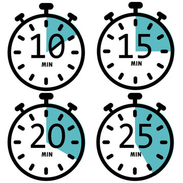 Set of four stopwatch icons showing 10, 15, 20, and 25 MIN durations with shaded segments, ideal for visualizing elapsed time in activities or scheduling