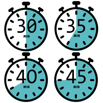 Grid of four blue-shaded stopwatch icons showing 30, 35, 40, and 45 MIN durations, ideal for time tracking, workouts, scheduling, or productivity visuals