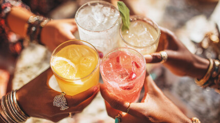 Group of friends toasting colorful summer drinks with ice and fruit in bright sunlight, celebrating mocktails, refreshing and festive outdoor vibes. Non alcoholic party.