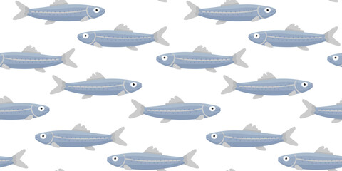 A group of blue fish in a seamless pattern. Background with underwater animals for fabric, wallpaper, or packaging design. Flat style vector.