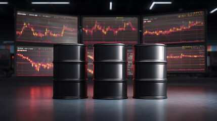 Three oil barrels stand in front of financial data displays, symbolizing the intersection of energy and economics in a modern, digital marketplace.