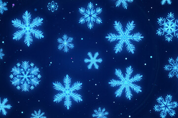 Glittering neon snowflakes glowing against a dark blue night sky, evoking a magical, festive winter atmosphere.