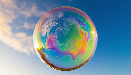 Fototapeta premium Colorful soap bubble floating against a clear blue sky 