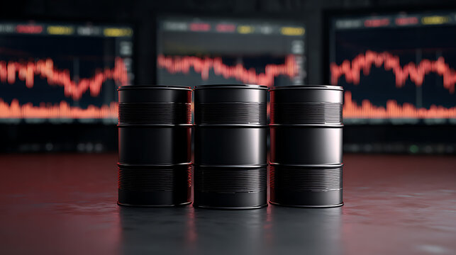 Three stacks of black barrels with red line graphs visible in the background, representing oil or energy markets, financial data, and economic trends. Visual metaphor for global economy. - Powered by Adobe