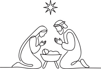 Minimal Continuous Line Drawing of a Nativity Scene with Mary Joseph and Infant Jesus in Elegant Artistic Illustration