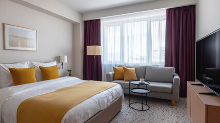 Fototapeta premium Modern hotel room interior with cozy bed, sofa and large window, showcasing elegant decor, natural light, and contemporary furnishings.