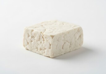 Single block of firm tofu isolated on a white background, texture detail