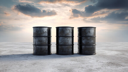 Obraz premium Three metal barrels stand on a concrete surface under a dramatic sky. The barrels are weathered, suggesting industrial or storage use, set against a serene outdoor backdrop.