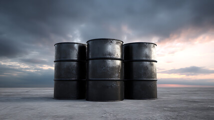 Obraz premium Three stacks of black industrial barrels sit on a gray concrete platform under a cloudy sky. The barrels evoke themes of industry, storage, and containment against a dramatic backdrop.